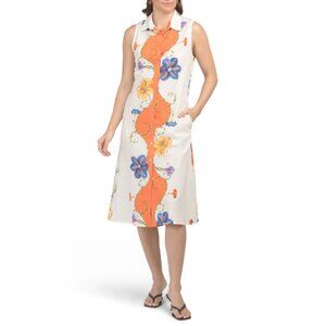 SPIGHE DI LINO Italy Linen Blend Sleeveless Floral Shirt Dress